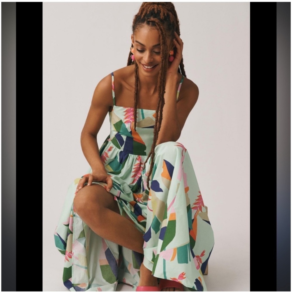 FARM Rio Tie Back Square Neck‎ Tiered Tropical Maxi Dress Sz M - Picture 2 of 12
